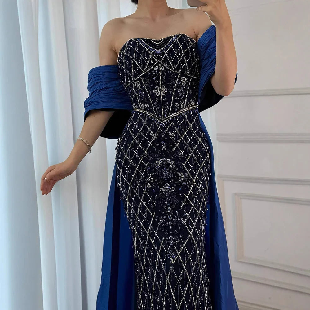 Zapdress Nude Strapless Off Shoulder Mermaid Overskirt Evening Dress Beaded Party Gowns for Women 2025 Customized (ZD17226)