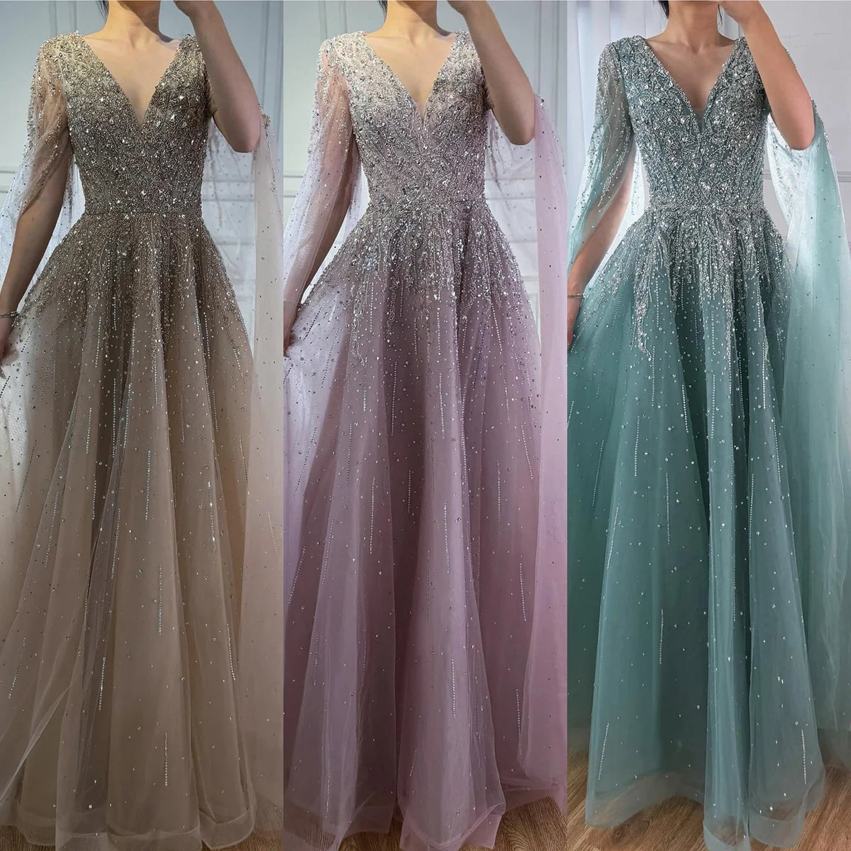 Zapdress 2026 Customized Pink Luxury Beaded A Line Evening Dress with Cape Sleeves Party Gowwns for Wedding Guest (ZD17209)