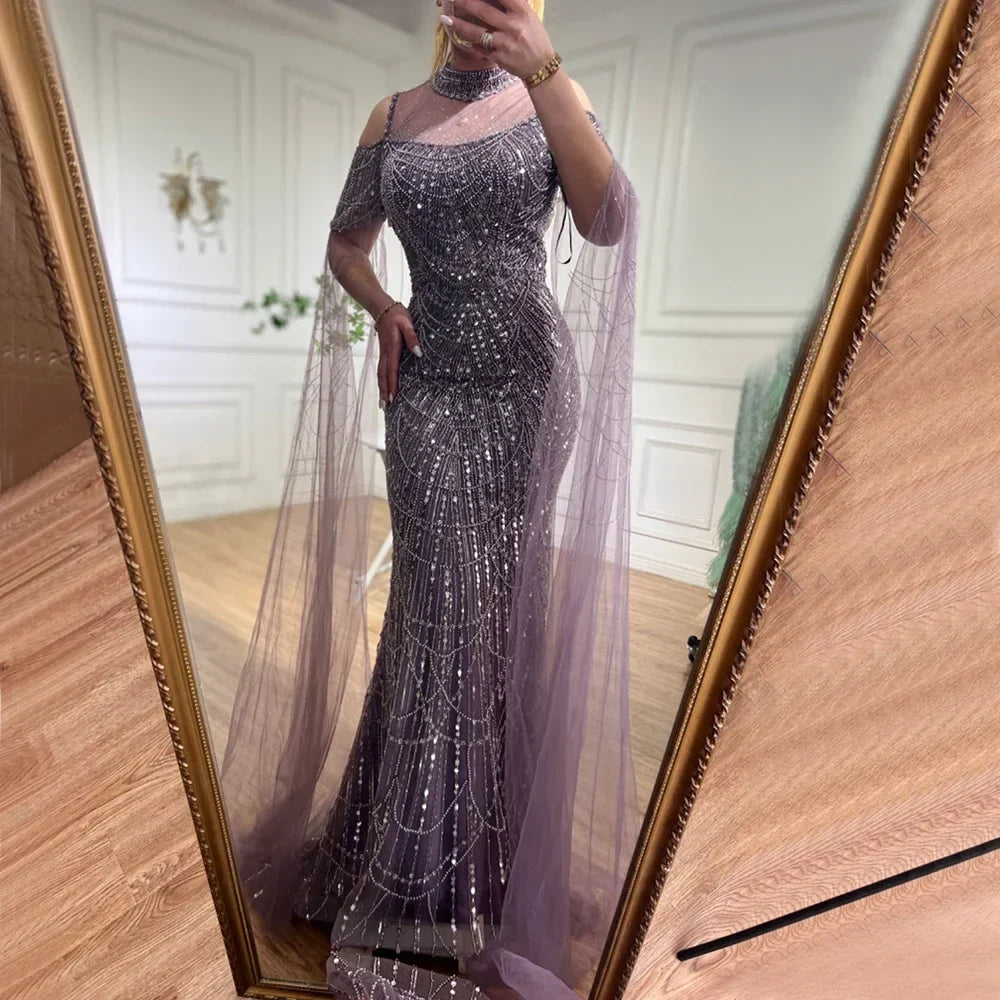 Zapdress Dubai Purple Mermaid Cape Sleeves Beaded Long Evening Dress 2025 For Formal Occasion DLA71992 Customized (ZD17372) - VelvetHem