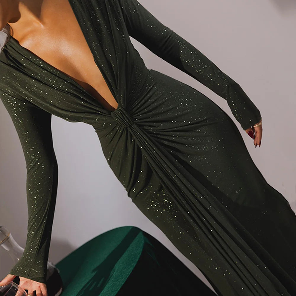Elastic Deep V - Fold Lace Maxi Dress