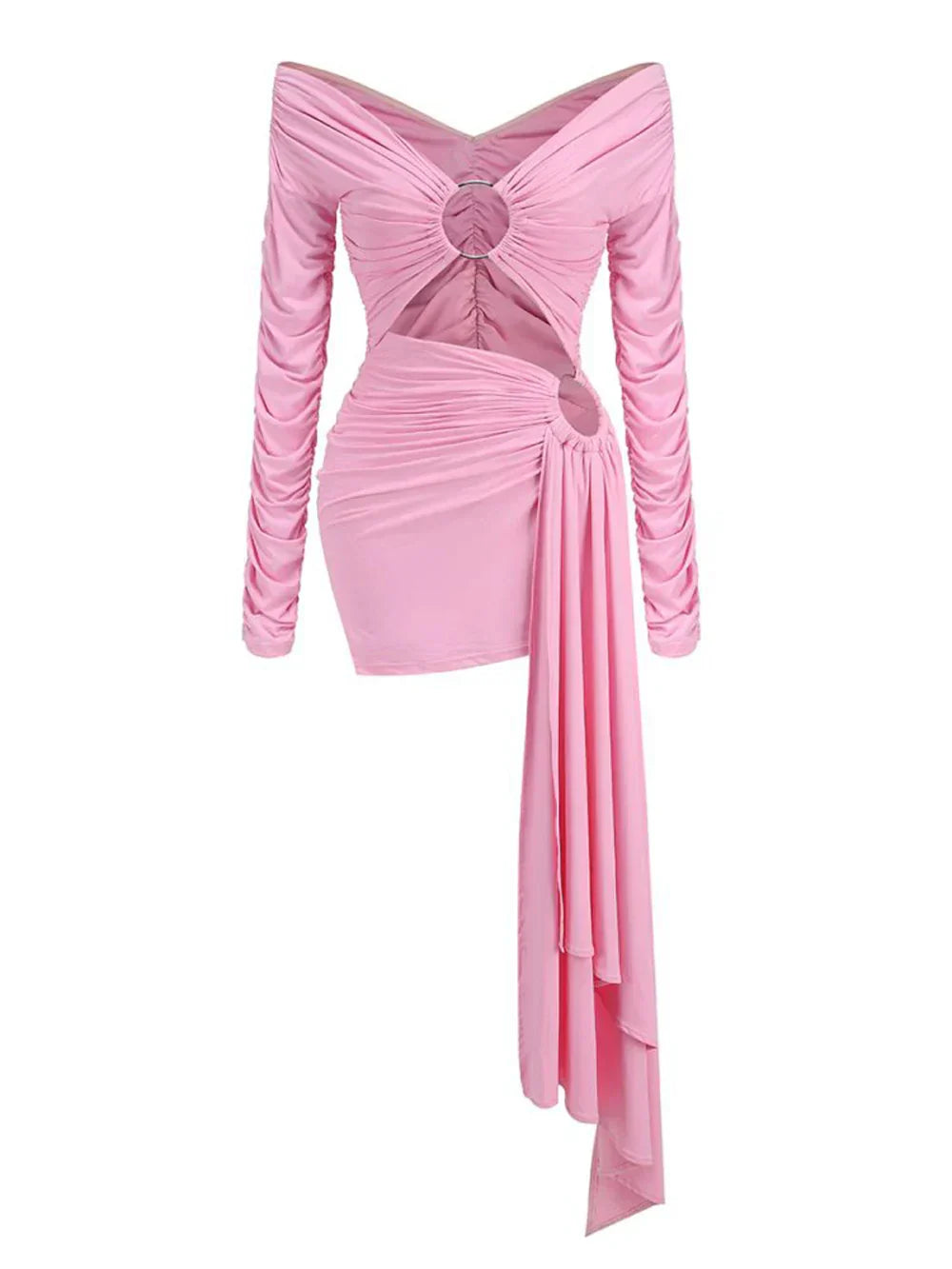 Pink Hollow Out Long Sleeved V - Neck Mini Dress