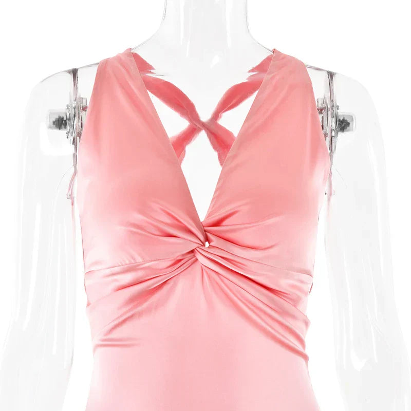 V Neck Sleeveless Satin Bow Backless Maxi Dress