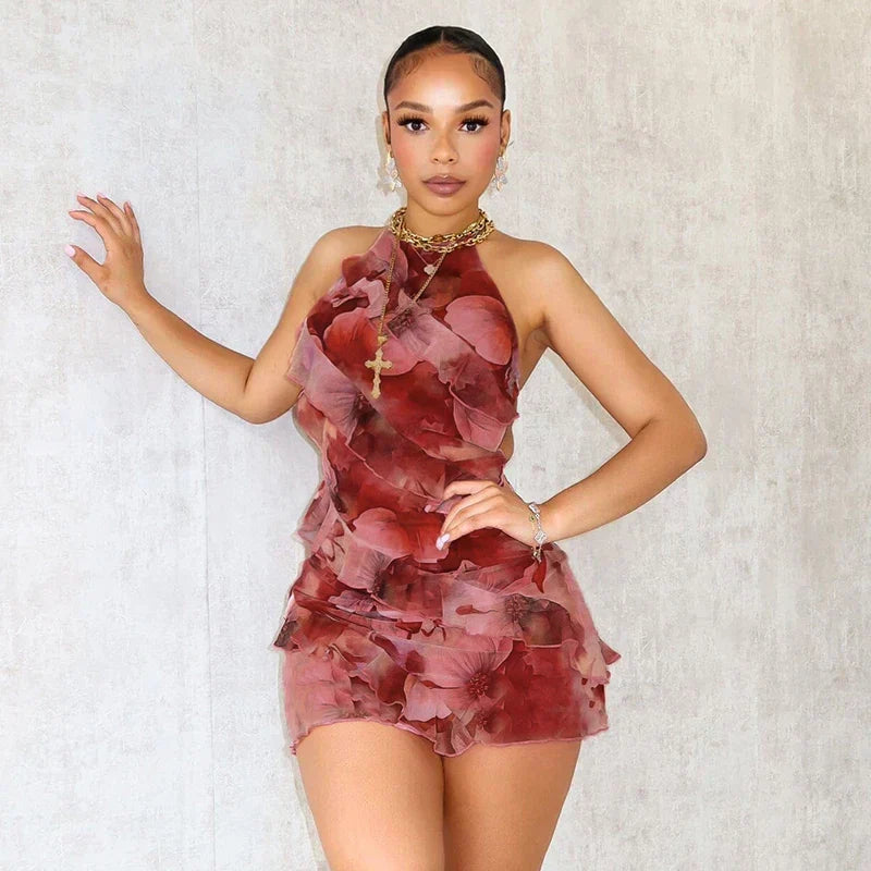 Floral Ruffle Halter Backless Mini Dress - VelvetHem