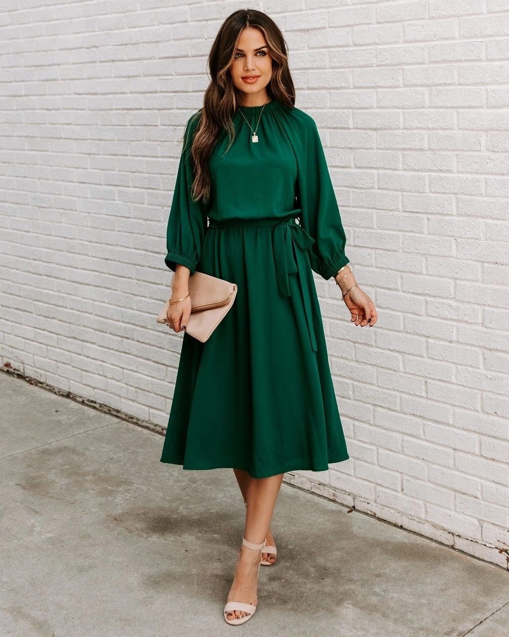 Elegant Office Dress Formal Loose Green Long Sleeve Belt ALine Midi Dresses