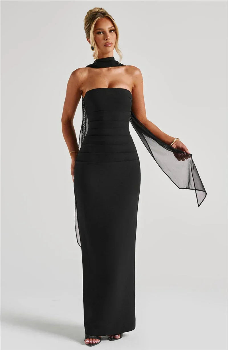 Scarf Collar Strapless Off - shoulder Long Dress