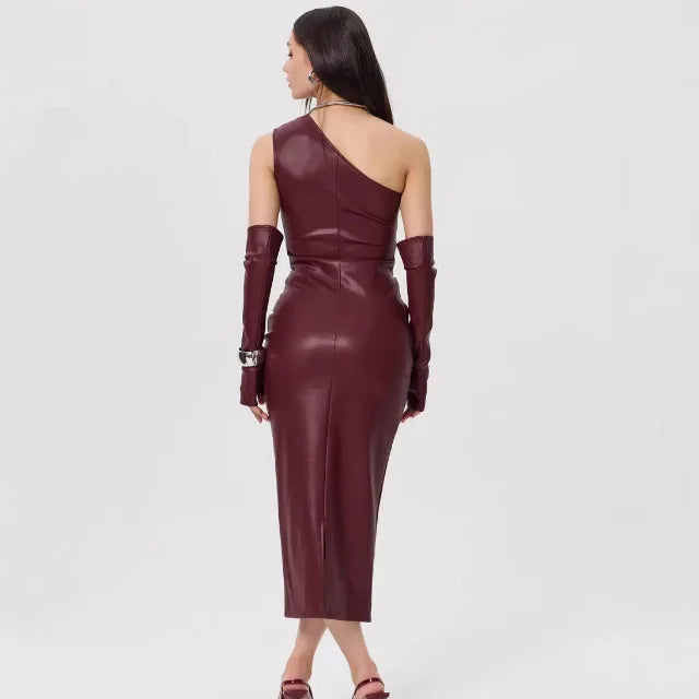 Off - Shoulder Strapless Faux Leather Patchwork Dress