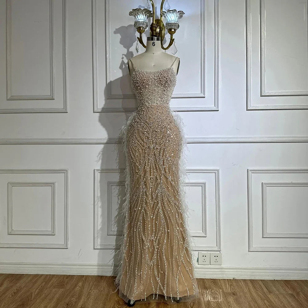 Zapdress White Nude Spaghetti Strap Feathers Beaded Mermaid Evening Dress Party Gown for Women DLA72823 Customized (ZD17377)