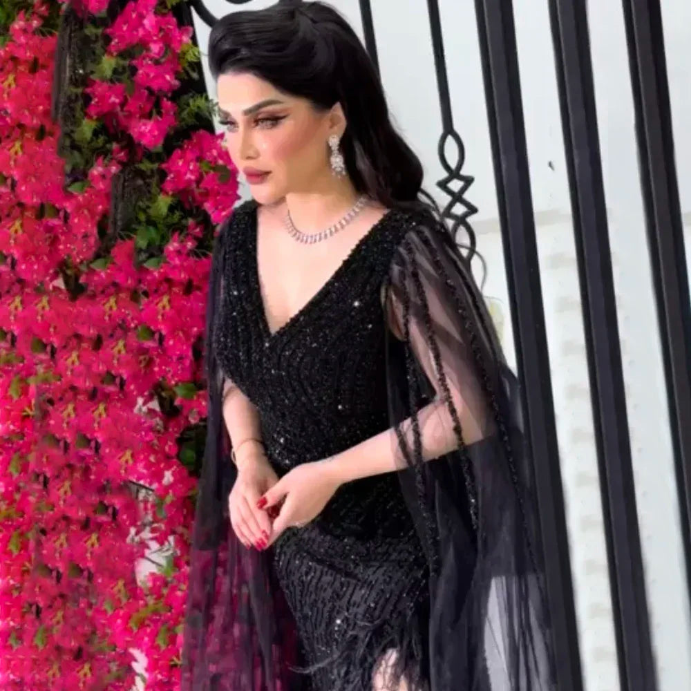Zapdress Black Mermaid Cape Sleeves Feathers Beaded Evening Dresses Party Gowns with Split for Women DLA72216 Customized (ZD17215)