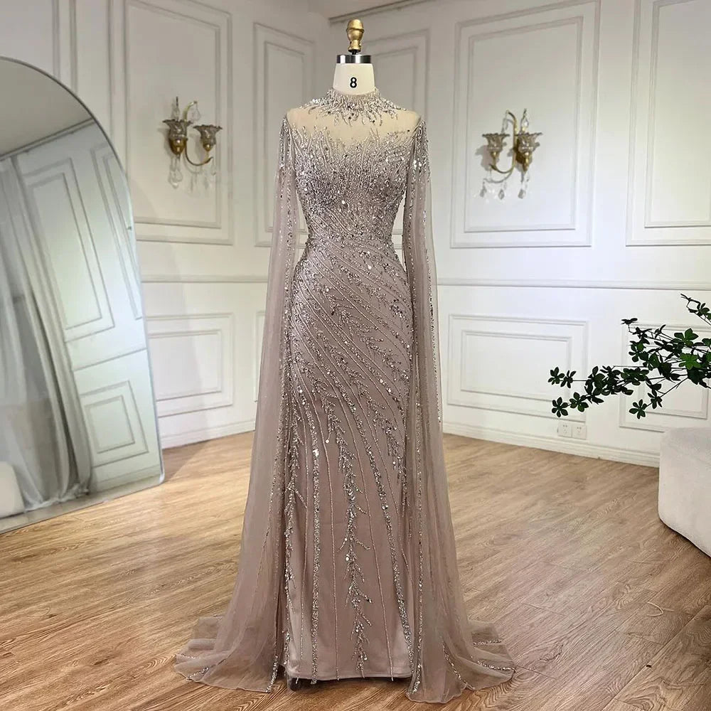 Zapdress Customized Caramel Mermaid Beaded Cape Sleeves Evening Dresses 2024 Dubai Party Gowns for Women Wedding DLA71885A (ZD17280) - VelvetHem