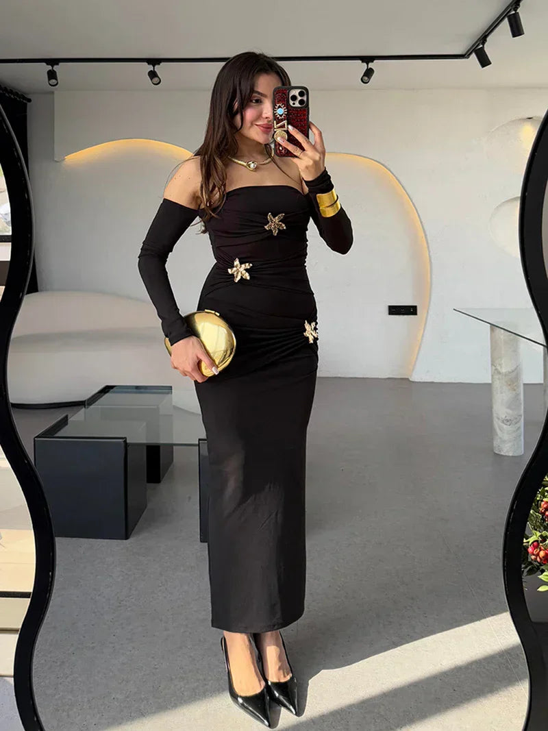Metal Buckle Off - shoulder Backless Long Dress