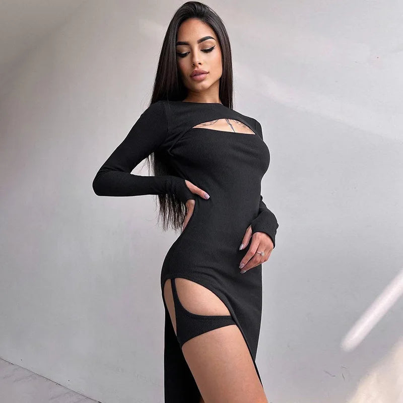 Hollow Split Knit Y2K Midi Dress - VelvetHem