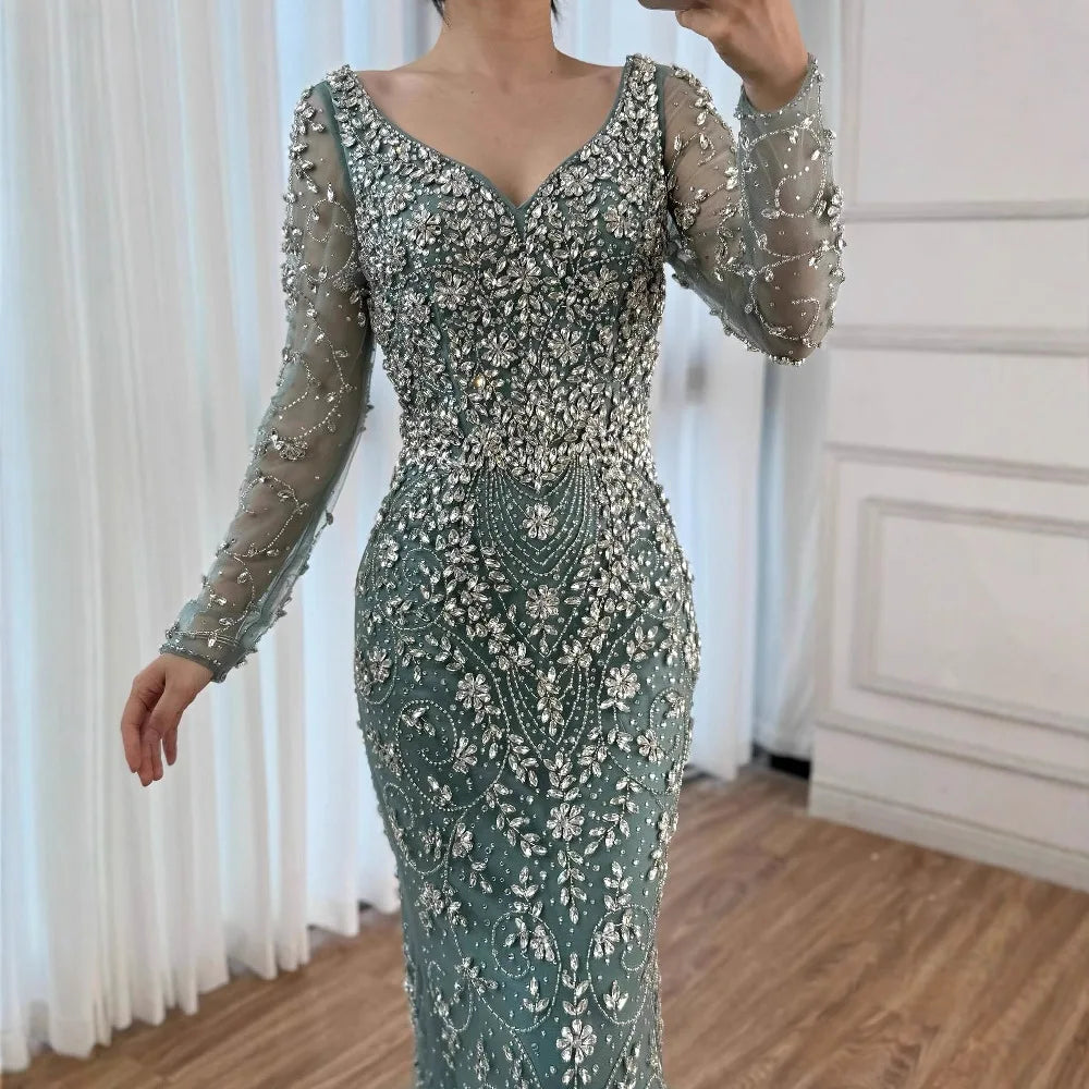 Zapdress Turquoise V-neck Long Sleeve Mermaid Beaded Evening Dresses 2025 Luxury Party Gowns for Women DLA73042 Customized (ZD17314) - VelvetHem