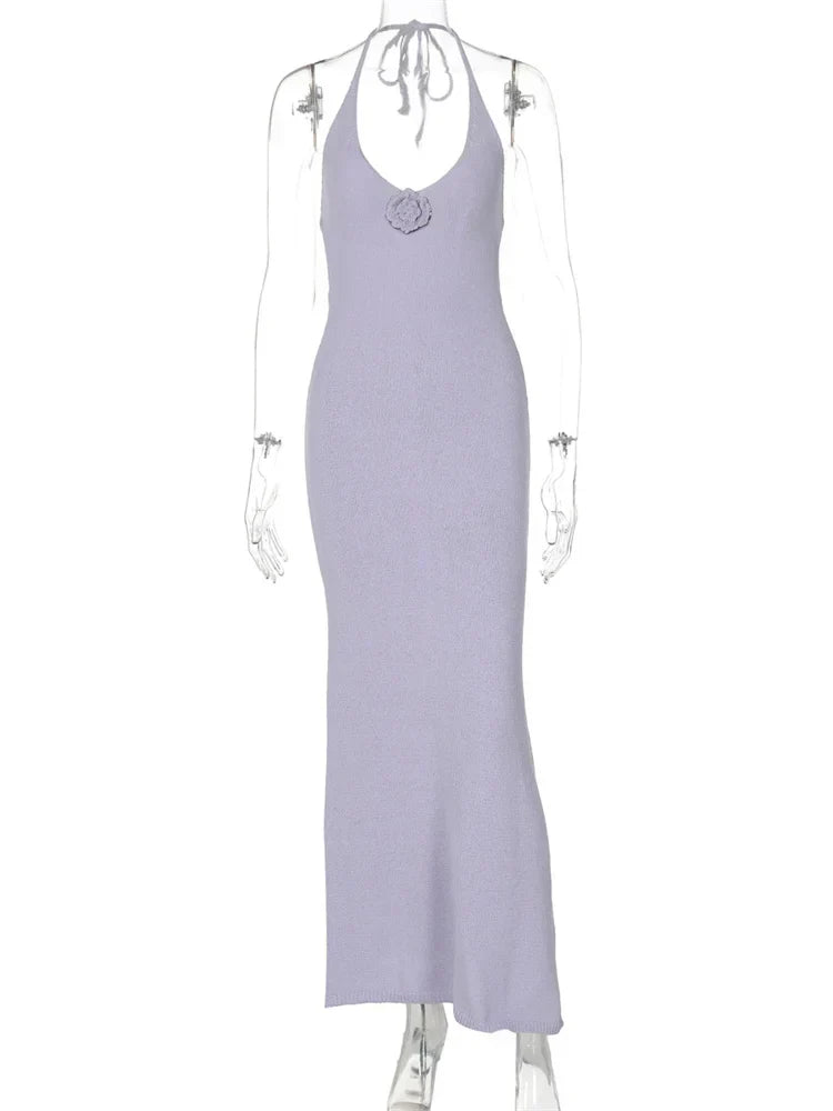 Floral Knit Hollow Out Lace - Up Maxi Dress