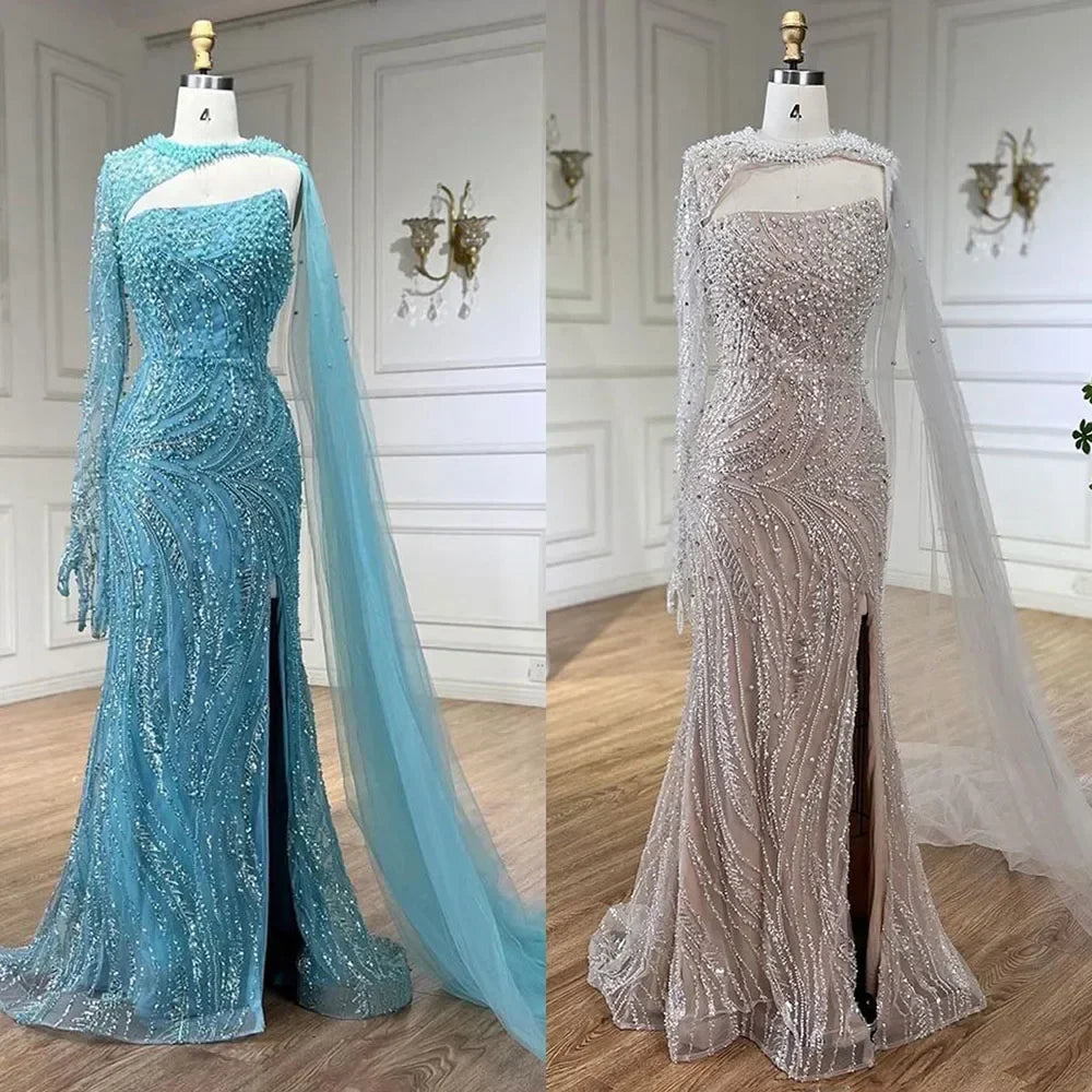 Zapdress Customized Blue Mermaid High Split Pearls Beaded Evening Dress with Glove Formal Party Gowns For Women 2026 (ZD17303)
