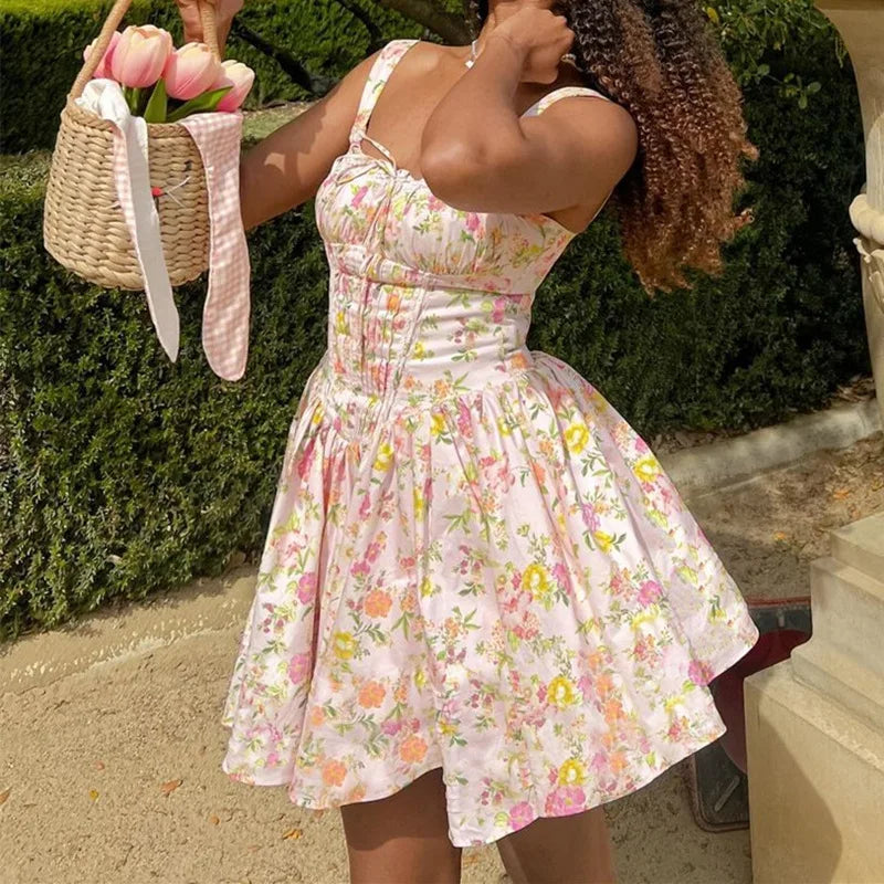 Flower Printed Open Back A - line Corset Mini Dress