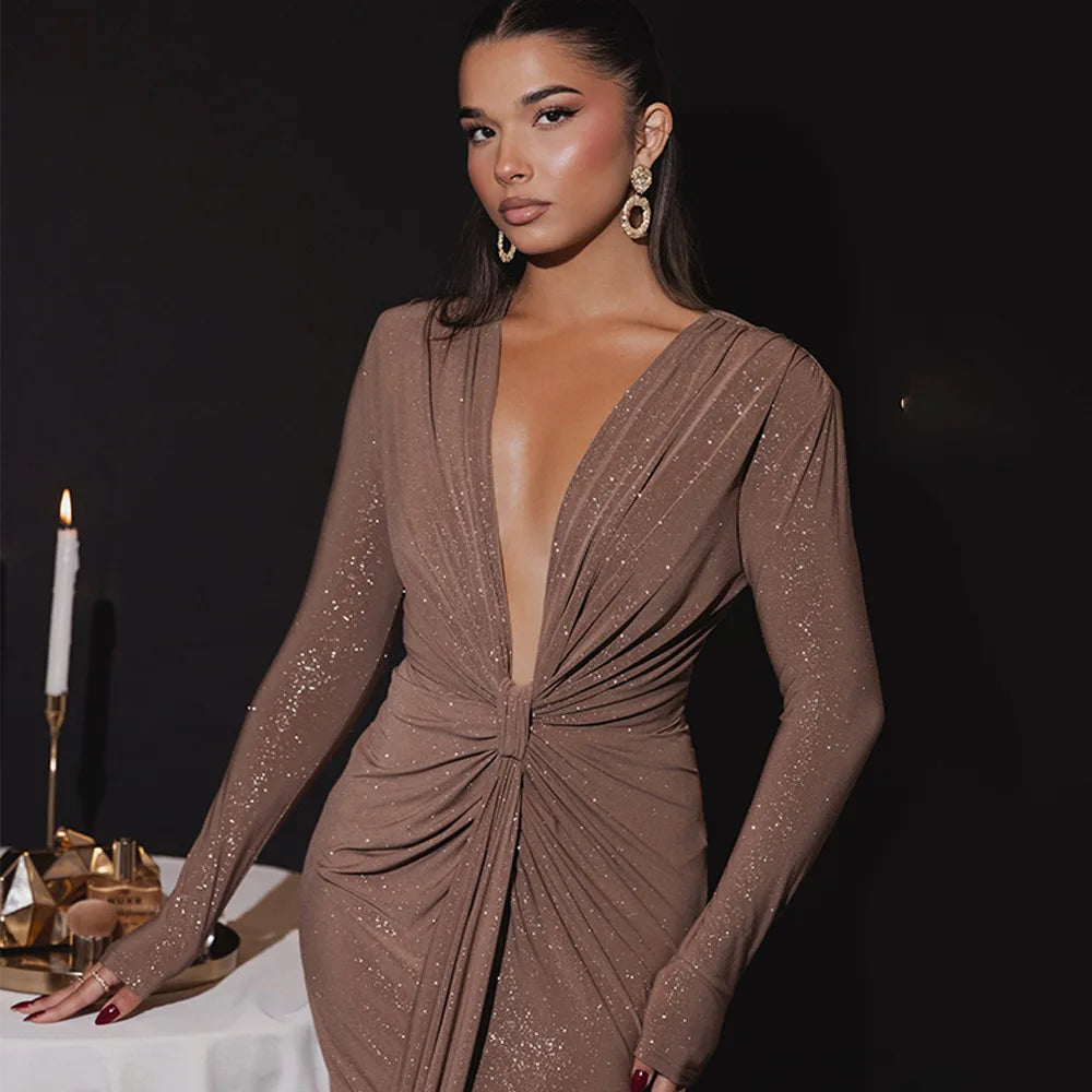 Elastic Deep V - Fold Lace Maxi Dress