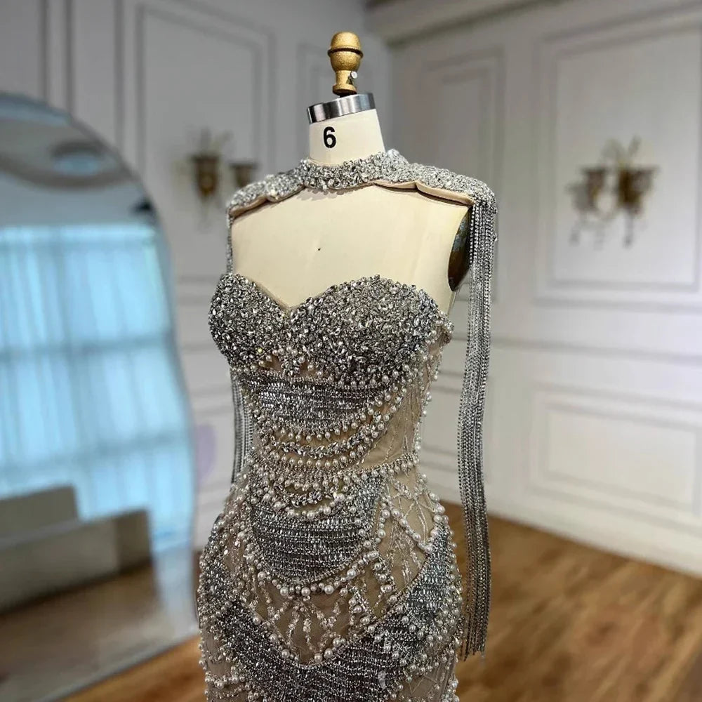 Zapdress Nude Strapless Mermaid Pearls Beaded Evening Gowns Luxury Party Dress with Tassel DLA72876 Customized (ZD17335) - VelvetHem