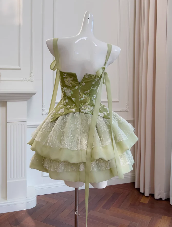 Pretty Green Satin Lace Short homecoming Dress Birthday Outfits