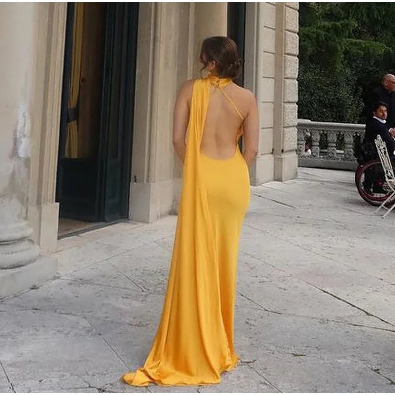 Yellow Satin Backless Lace - Up Off - Shoulder Maxi Dress