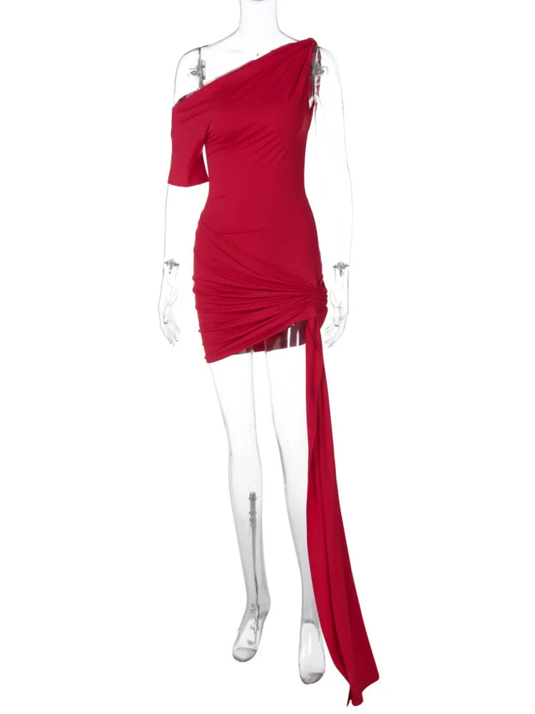 Oblique - Shoulder Backless Irregular Draped Dress