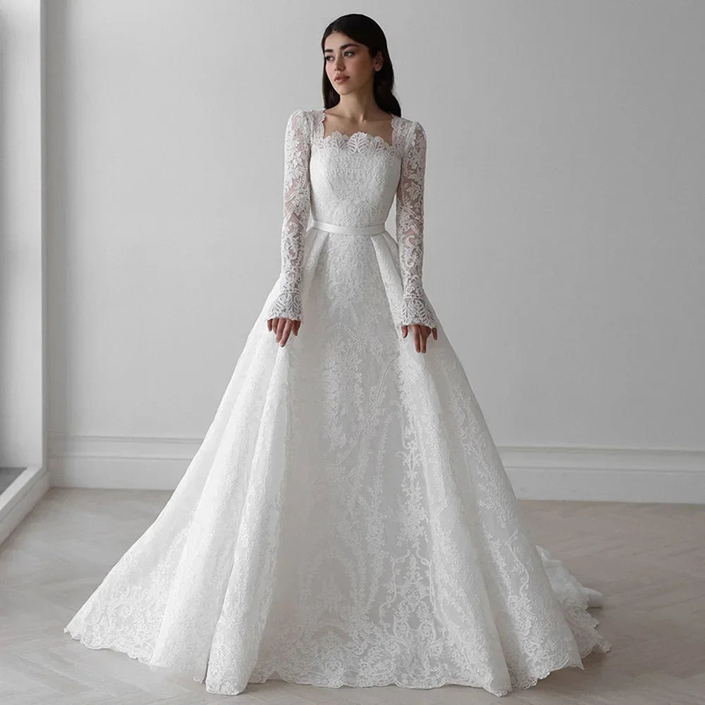 Customized Gorgeous Lace Long Sleeves Wedding Dress for Bride Square Neck Sweep Train Bridal Gown Vestido De Noiva (ZD17413) - VelvetHem
