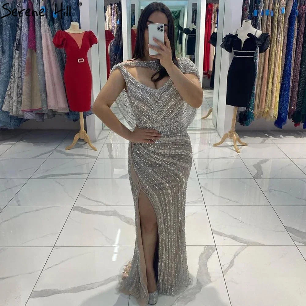 Zapdress Customized Silver Nude Beaded Mermaid Evening Dresses 2025 Elegant Party Gowns For Women Wedding (ZD17383) - VelvetHem