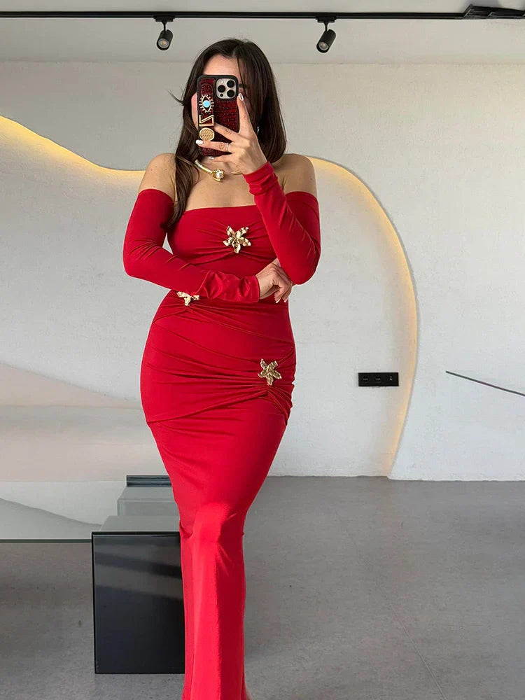 Metal Buckle Off - shoulder Backless Long Dress