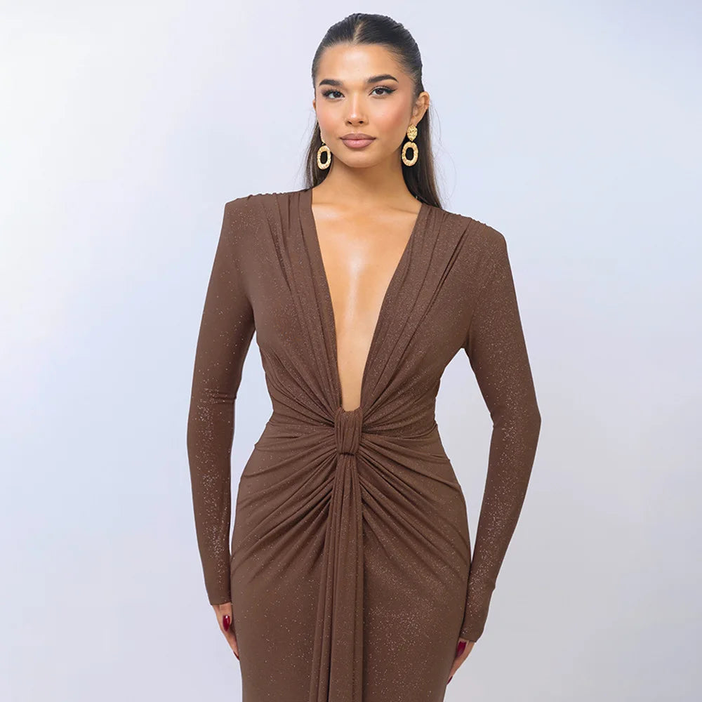 Elastic Deep V - Fold Lace Maxi Dress