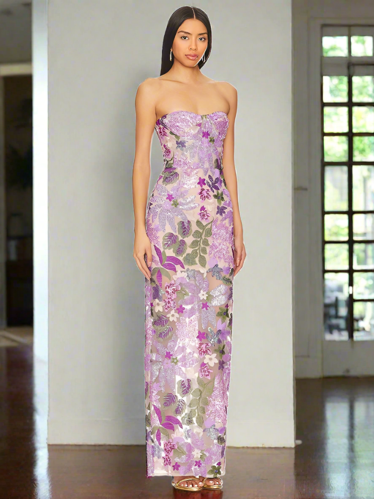 Floral - Embellished Sequin Lavender Ankle Length Dress
