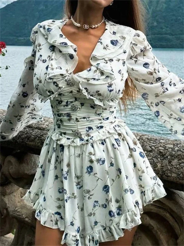 TAVIMART Ruffled V Neck Printed Mini Dress Female Bandage Autumn Fashion Lace Up Contrast Drawstring Dress For Women Party Dress