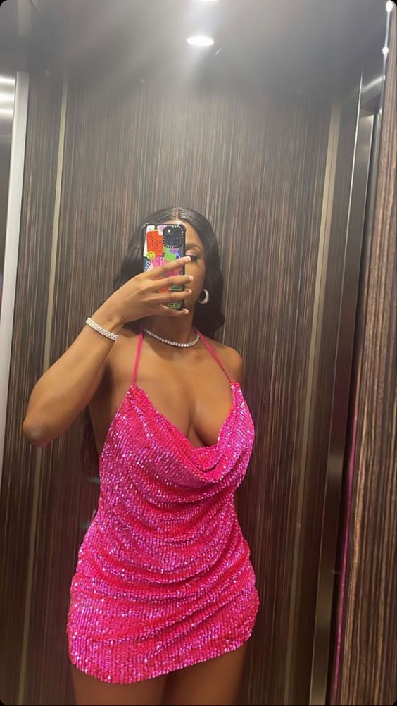 Pink sequin cowl neck mini dress sexy homecoming dress Y66 - VelvetHem