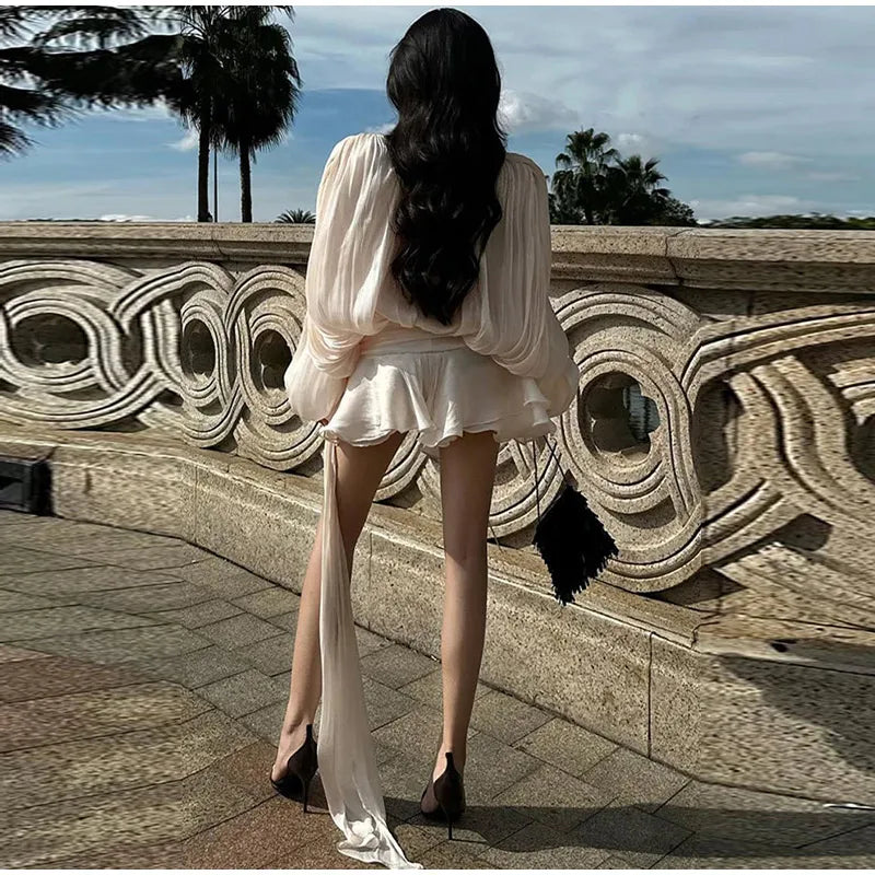 Elegant V - Neck Lace - Up Summer Style Mini Dress