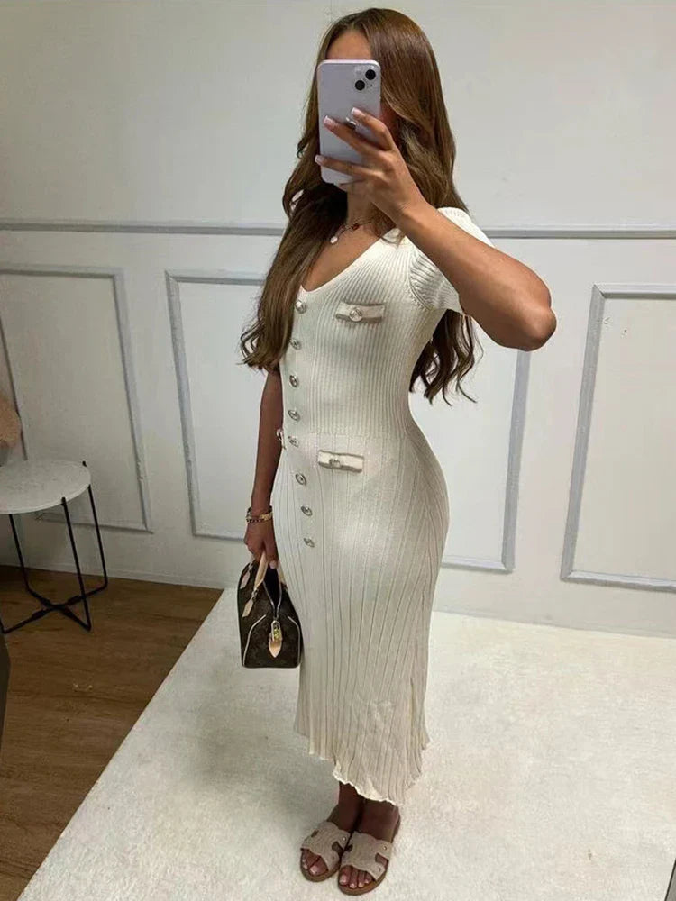 V-Neck Knitted Short Sleeve Button Work Dress