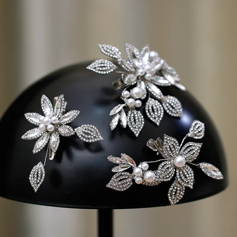 Silver Color Hairpins Crystal Pearl Head Piece For Brides Women Rhinestones Hair Pins Clips Wedding Accessories Bridal Jewelry