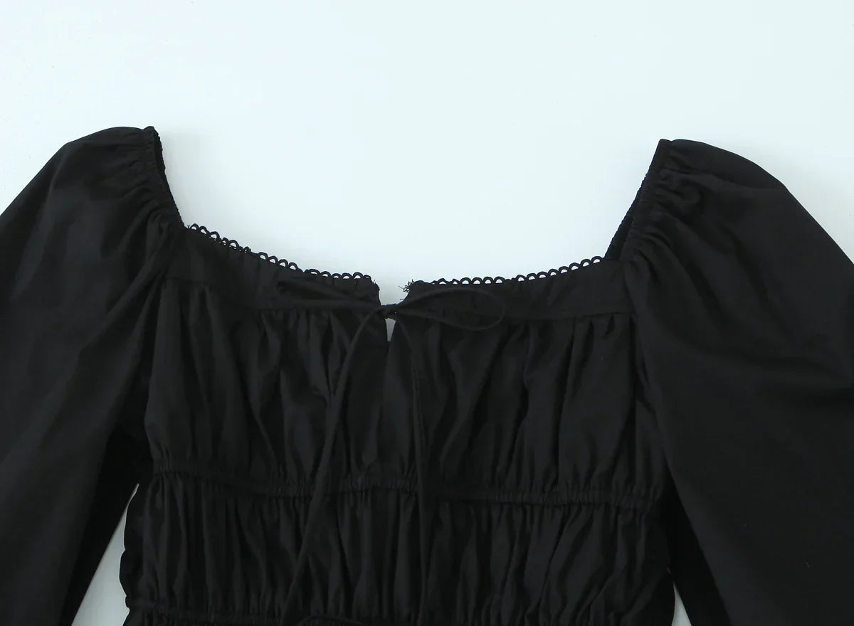 Bow Square Collar Puff Long Sleeve Elastic Waist Mini Dress