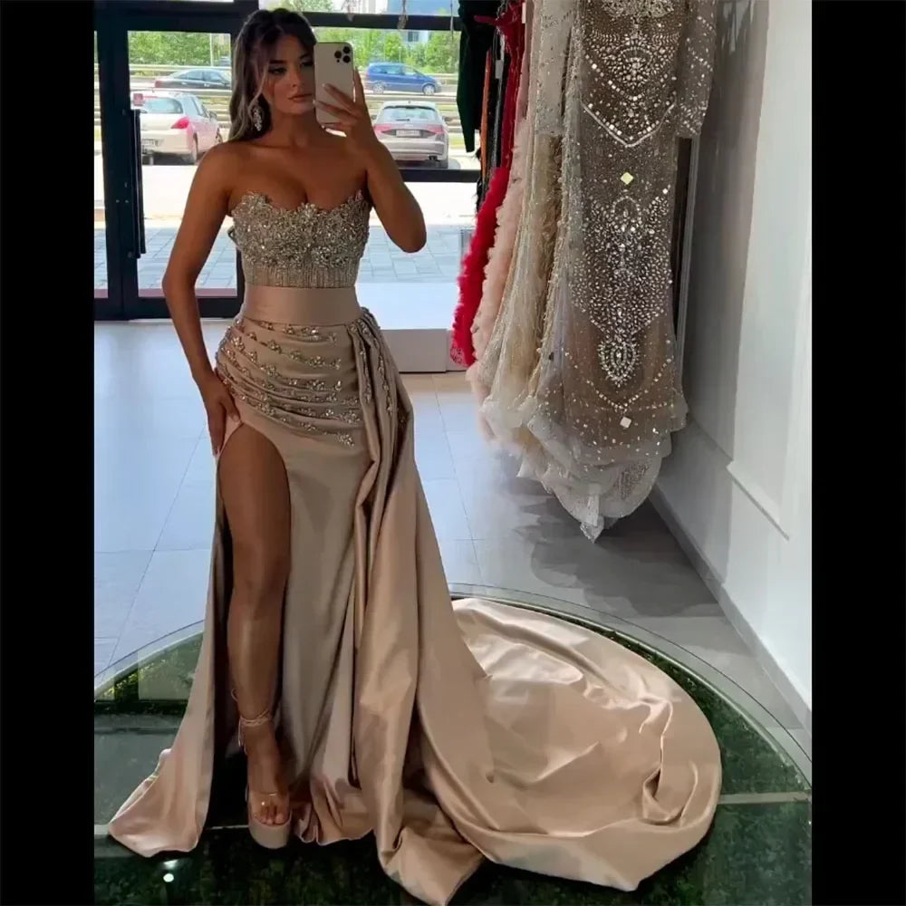 Zapdress Customized Nude Strapless Mermaid High Split Evening Dresses with Skirt Beaded Party Gowns For Women 2025 (ZD17205) - VelvetHem