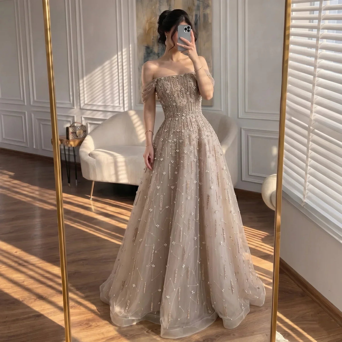 Zapdress Caramel A-Line Beaded Evening Gown Off Shoulder Formal Party Prom Dress Robe de Soir�e 2026 Customized (ZD17268) - VelvetHem