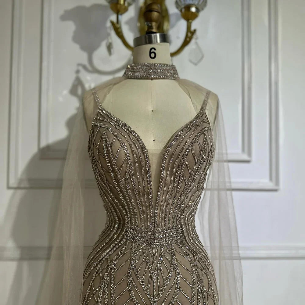 Zapdress 2025 Customized Dubai Caramel Mermaid Arabic Evening Dresses with Beaded Cape Sleeves for Party (ZD17351) - VelvetHem