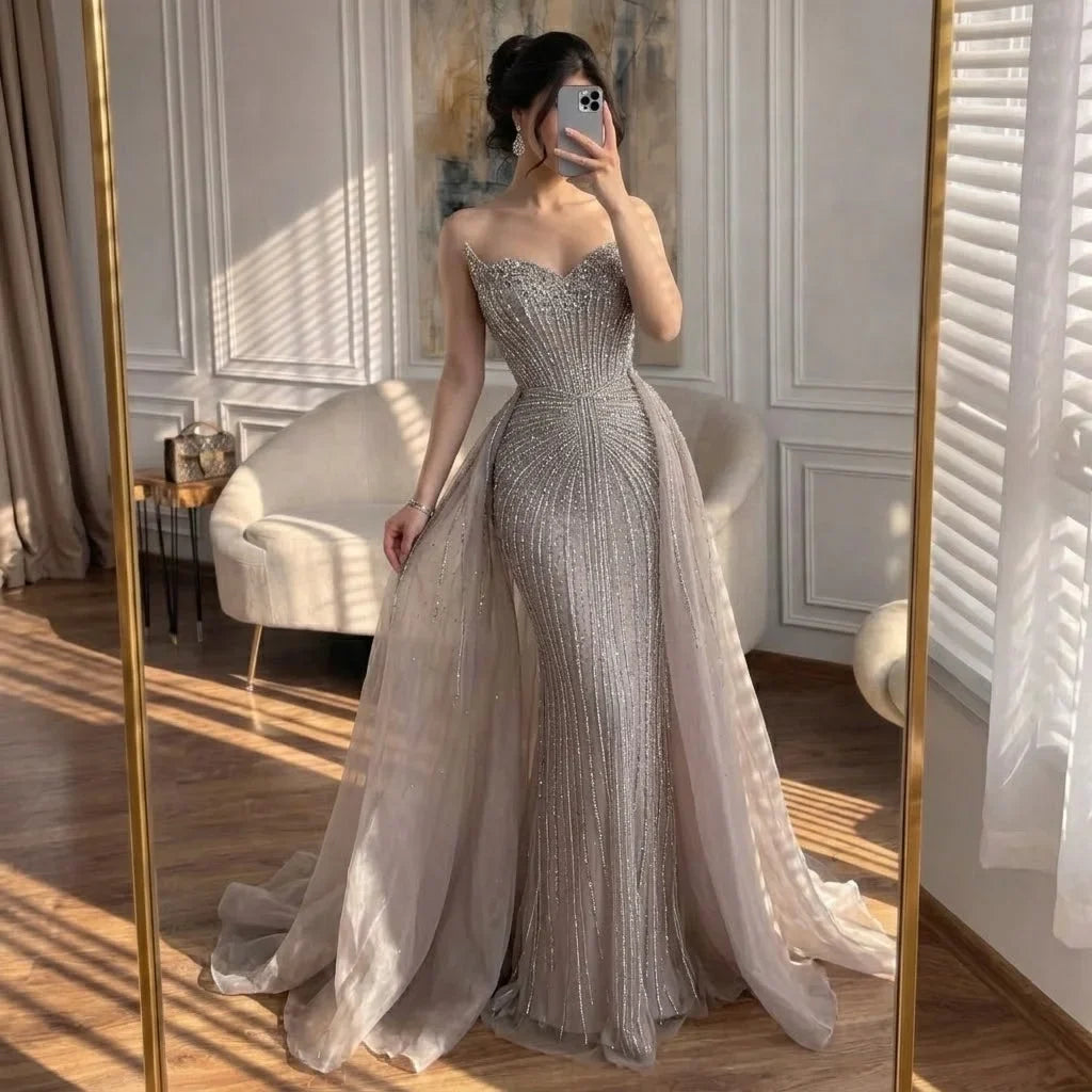 Zapdress Caramel Beaded Tulle Evening Dress Strapless Sweetheart Formal Party Gown with Over-skirt DLA72811D Customized (ZD17282)
