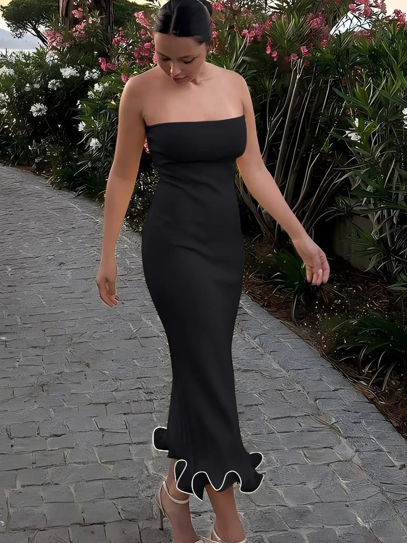Sleeveless Ruffles Patchwork Bodycon Midi Dress