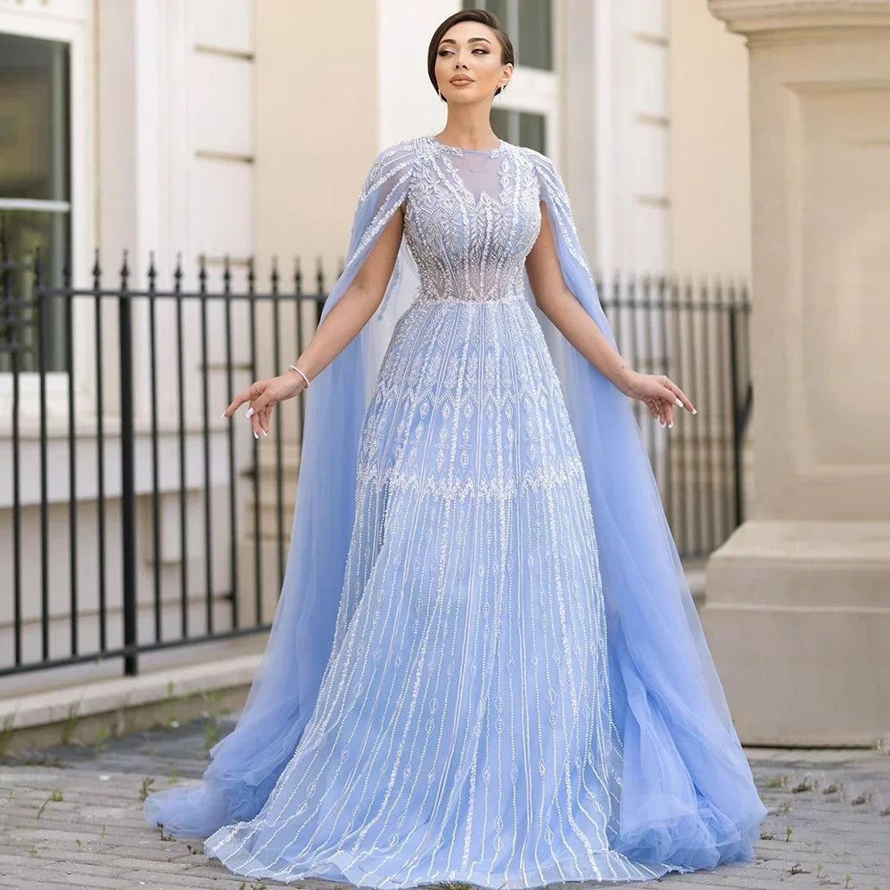 Customized 2025 Muslim A-Line Blue Beaded Elegant Evening Dresses With Cape Sleeves For Wedding Occasion (ZD17385) - VelvetHem