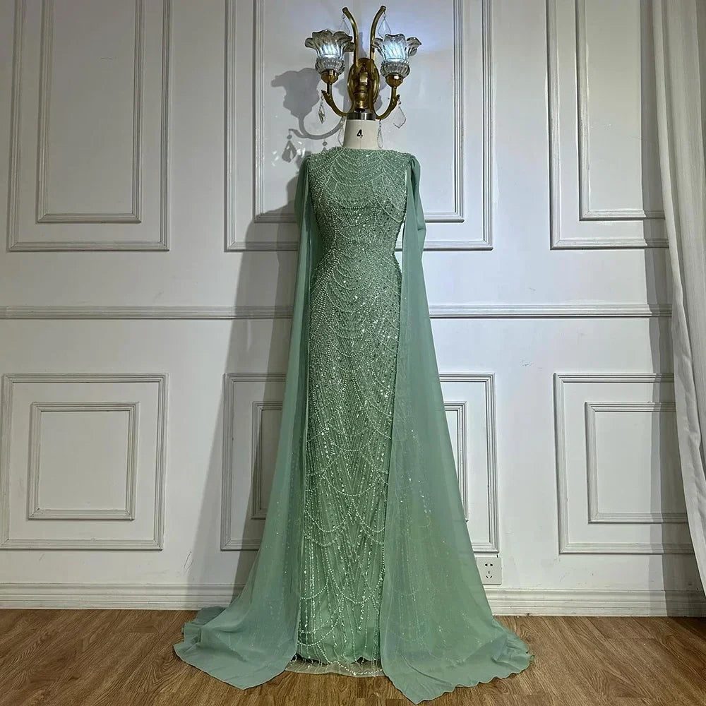 Elegant Dubai Sage Green Mermaid Evening Dress with Cape Sleeves Beaded Formal Gown Zapdress 2025 Customized DLA72160A (ZD17330) - VelvetHem