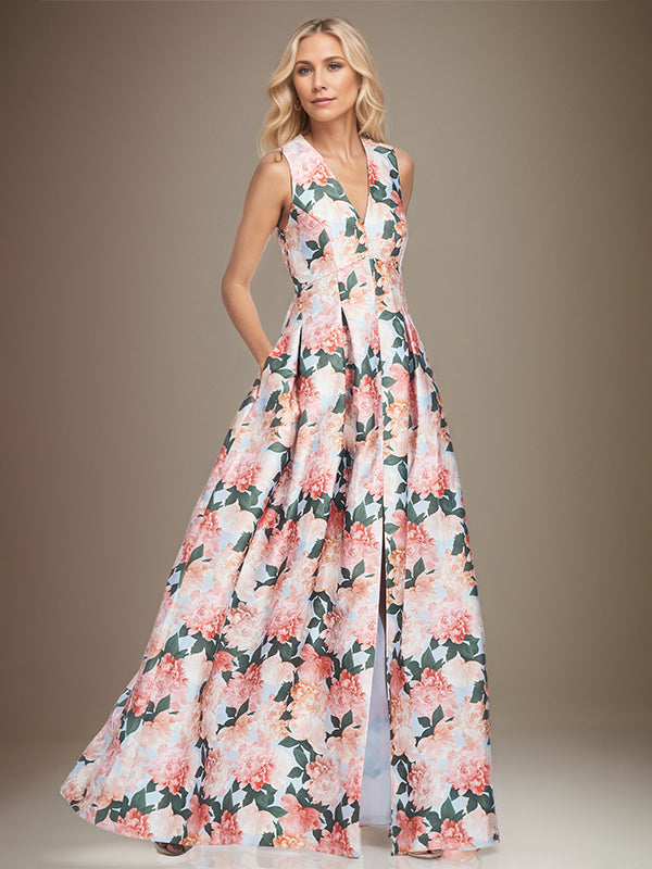 A-line V-Neck Peach Peonies Mother of the Bride Dress - VelvetHem