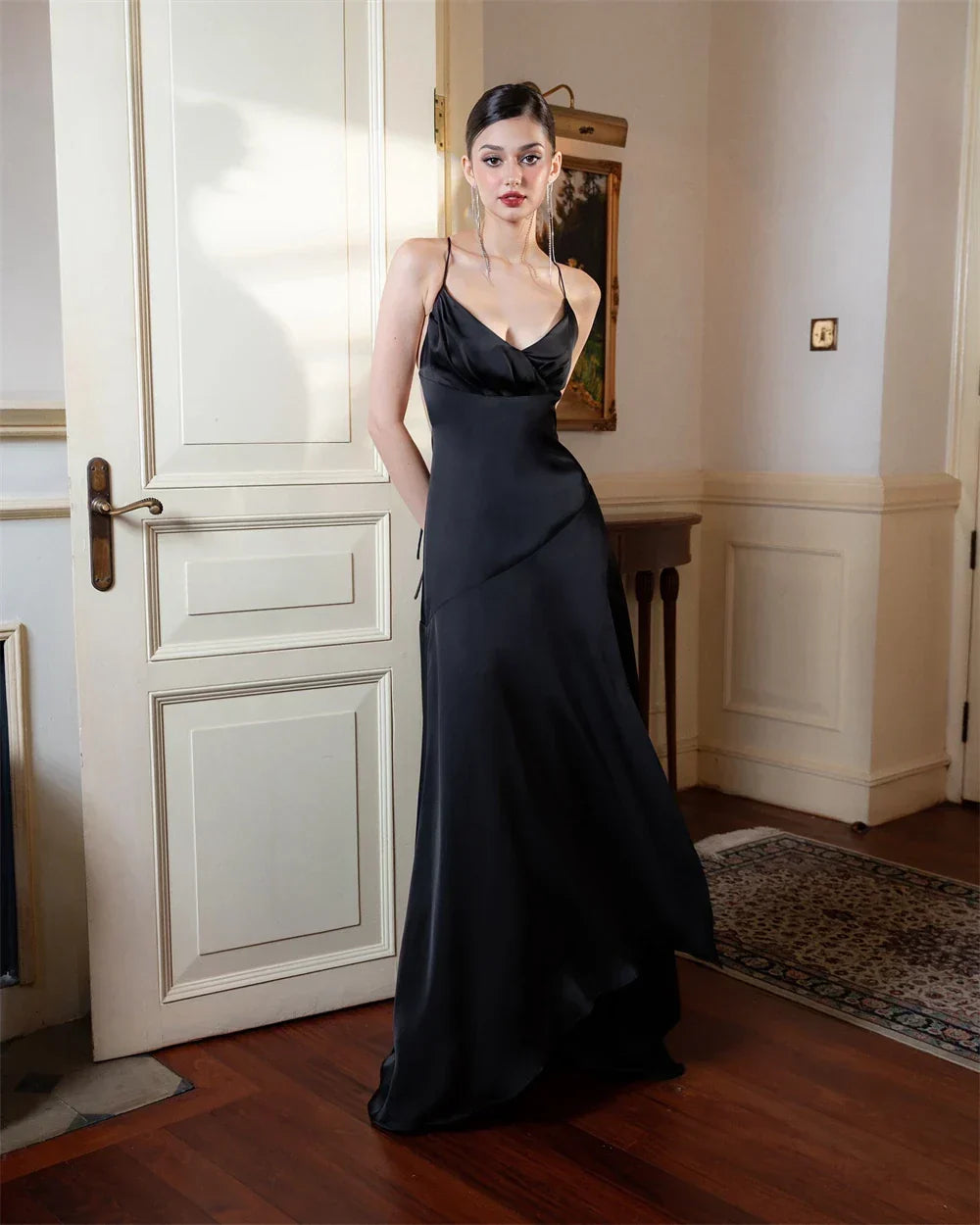 Black Satin V-neck Sleeveless Silk Dress - VelvetHem