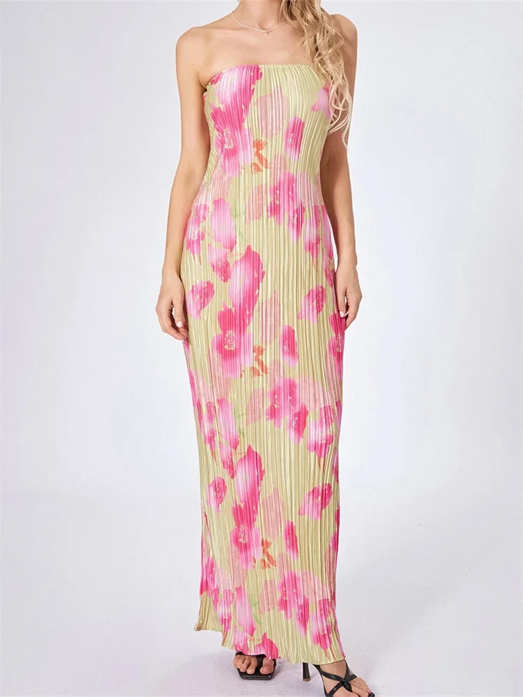 Strapless Tie-up Off Shoulder Floral Dress - VelvetHem