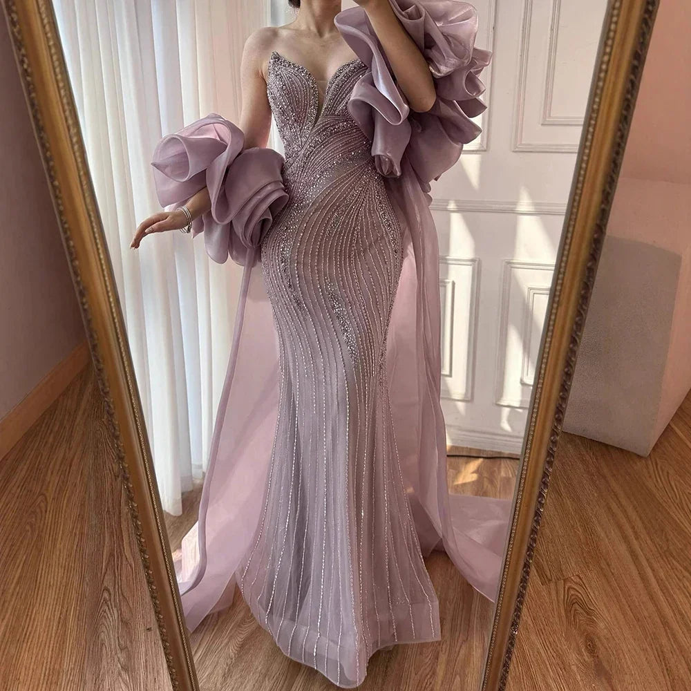 Zapdress Pink Strapless Mermaid Beaded Evening Dresses with Cape Elegant Party Gowns for Women Customized (ZD17223) - VelvetHem