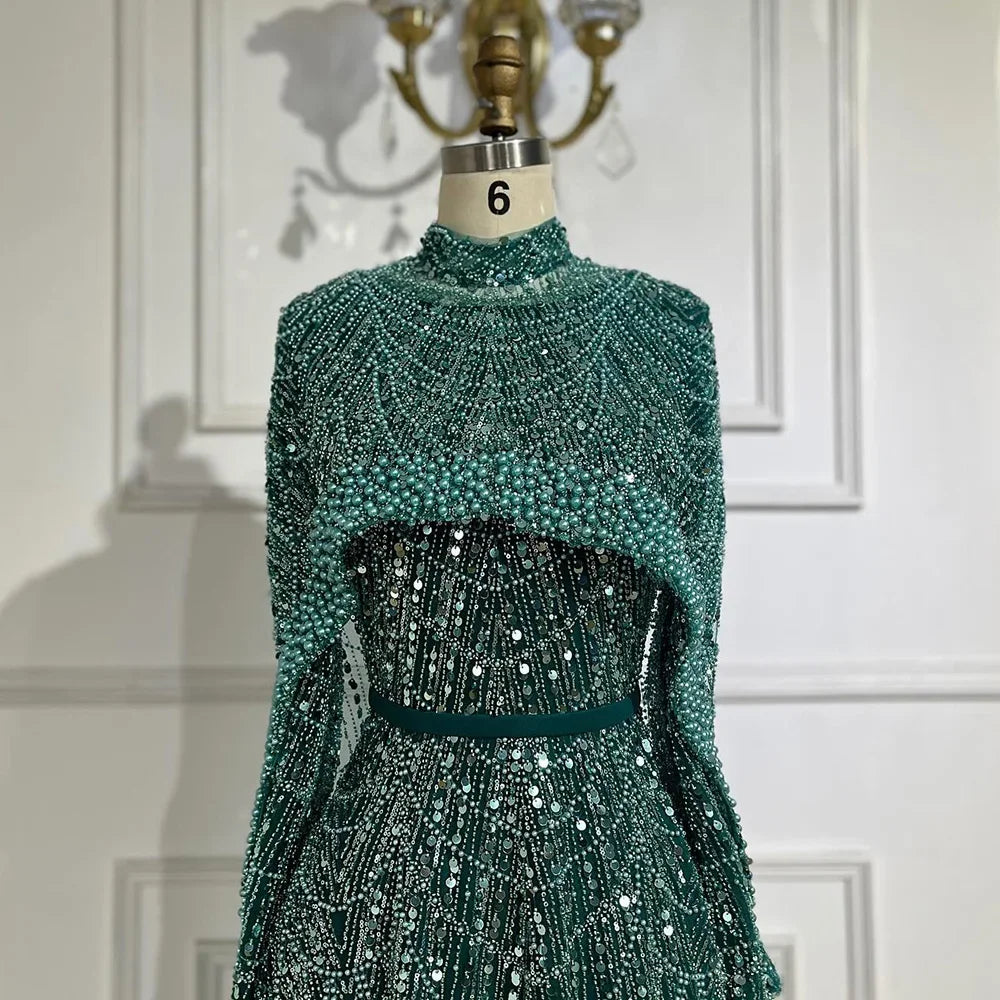 Zapdress Customized Green Long Sleeve A-Line Evening Dresses with Cape Muslim Wedding Party Gowns For Women LA72032B (ZD17241)