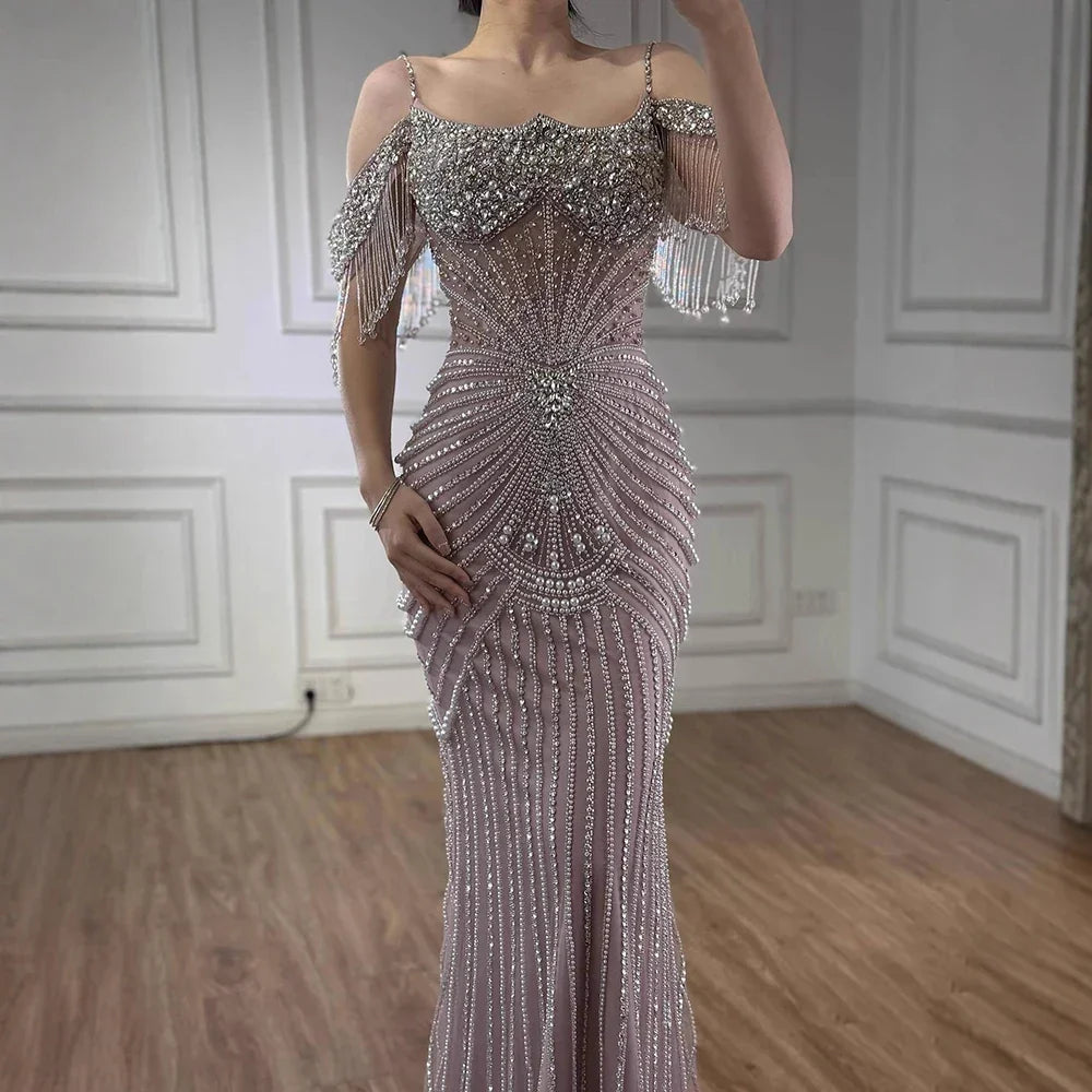 Zapdress 2025 Customized Pink Off Shoulder Mermaid Evening Dress Luxury Beaded Party Gowns for Women (ZD17359) - VelvetHem