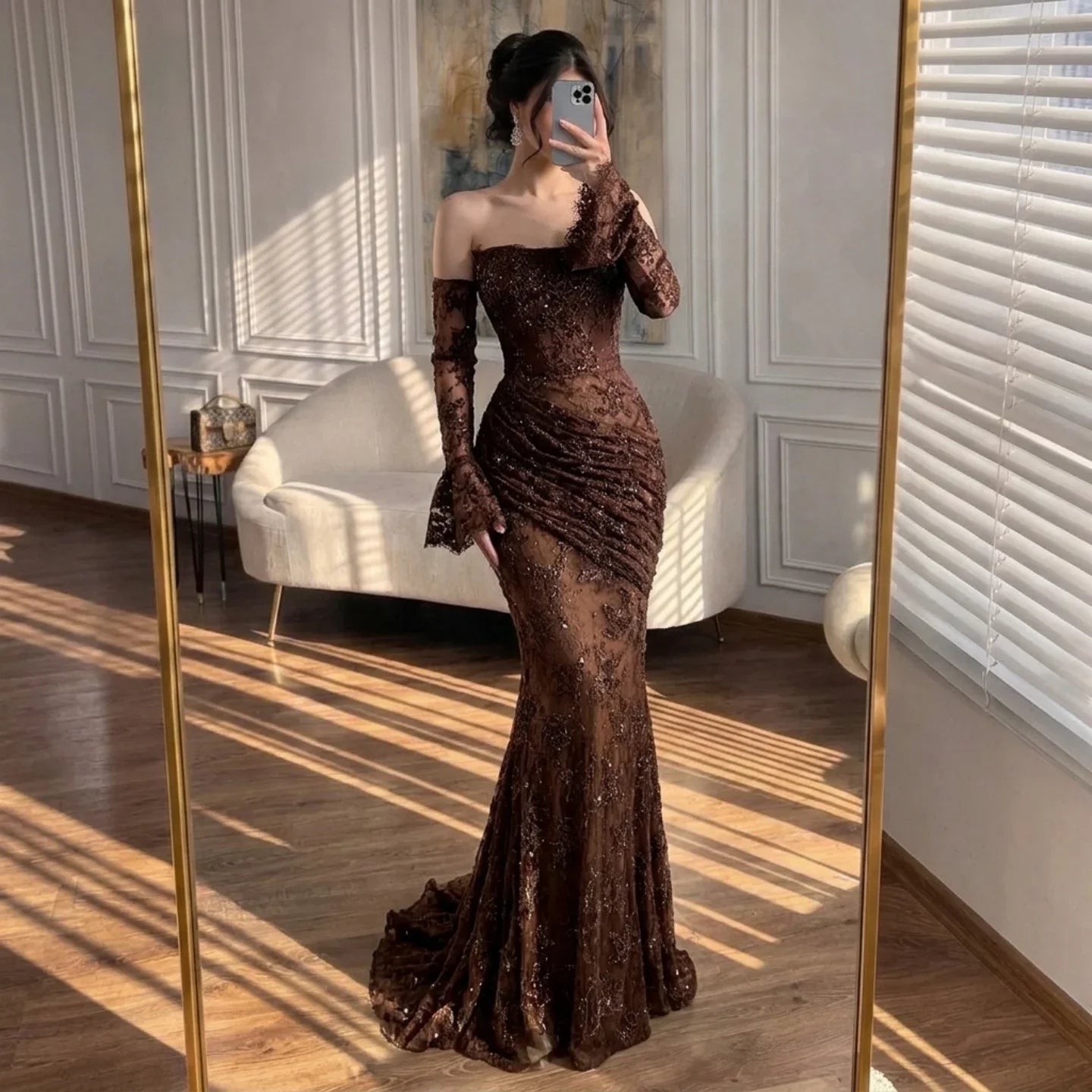 Zapdress Brown Lace Evening Gown Elegant Mermaid Ruched Slim Fit Party Dress for Women DLA73484 Customized (ZD17257)