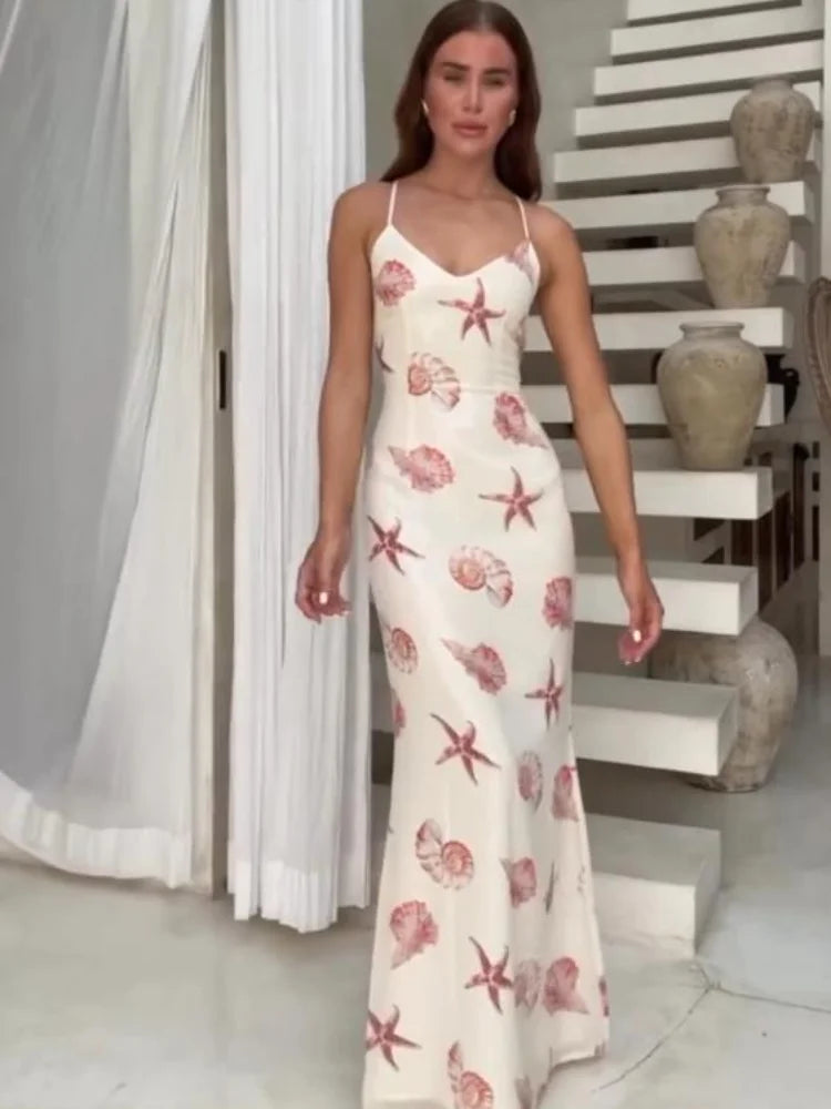 Starfish Printed Ruffle Hem Long Mini Dress